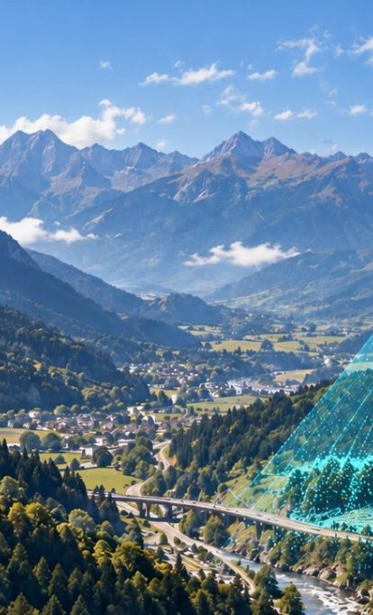 Hélicoptère effectuant des relevés cartographique en forêt